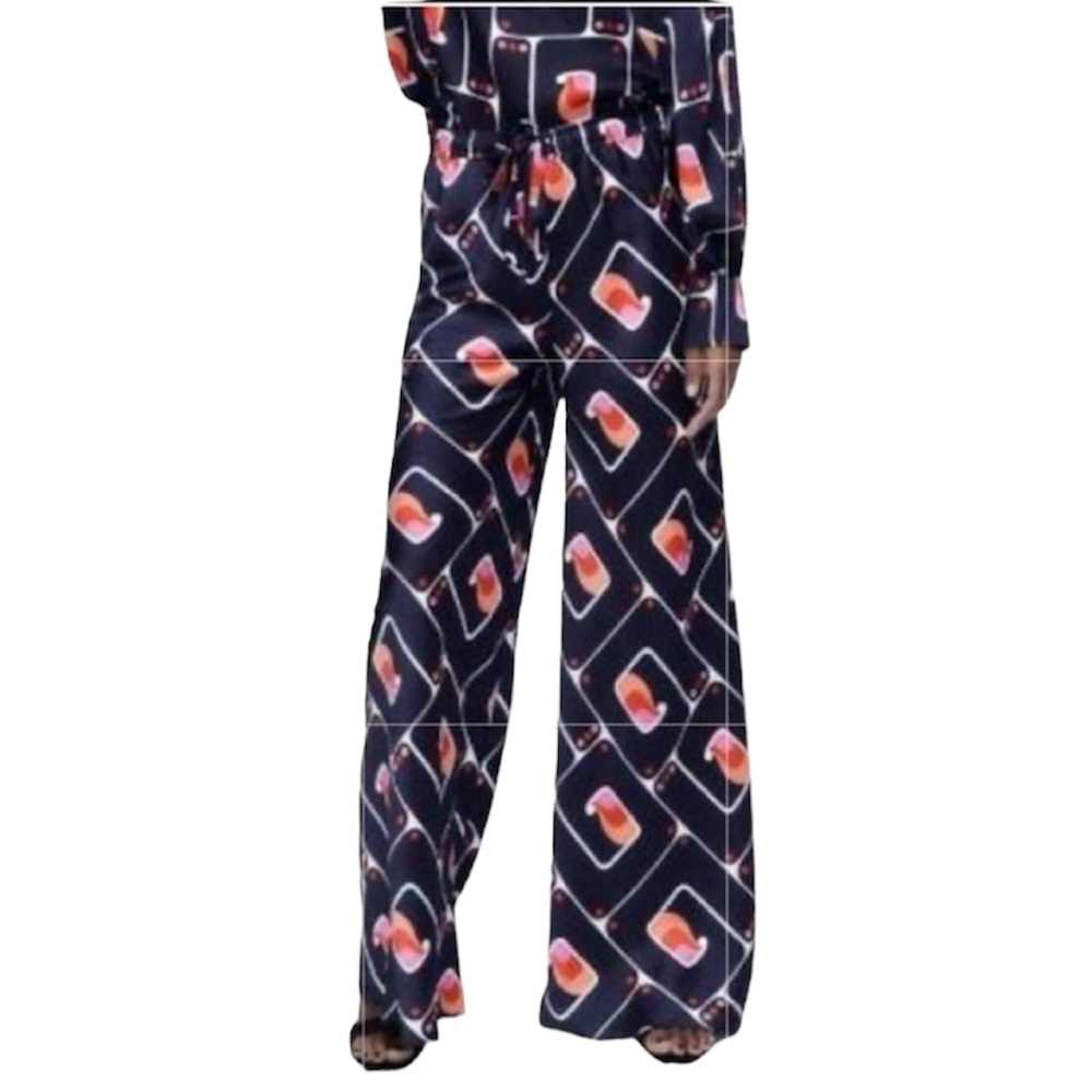 Zara Geometric Print Wide Leg Navy Pants